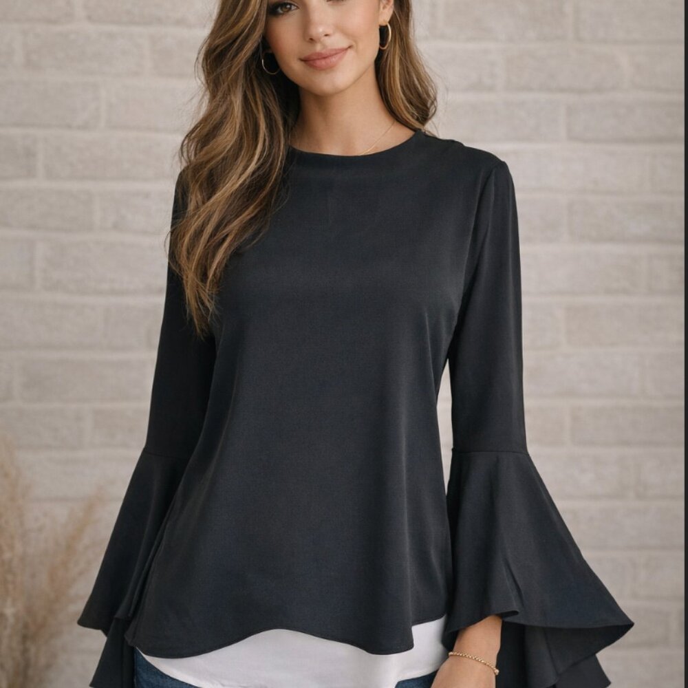 Carmen Marc Valvo Formal Back-Button Ruffle Bell Sleeve Top Women's Size 4 Black